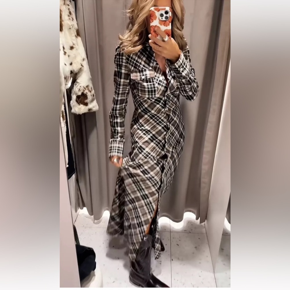 Sold out medium NWOT ZARA khaki plaid shirt dress! Perfect condition! New!